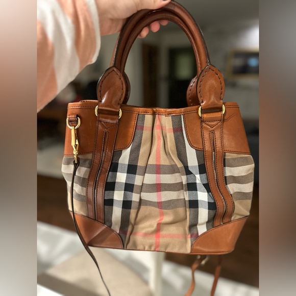 Burberry Brown House Check Canvas and Leather Bridle Whipstitch Tote - Picture 2 of 8